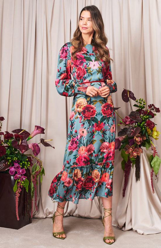 The Fawn Blouson Sleeve High Neck Maxi Dress with Bow Back