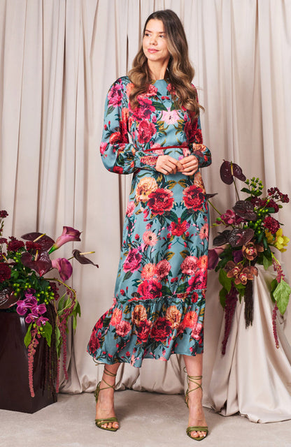 The Fawn Blouson Sleeve High Neck Maxi Dress with Bow Back