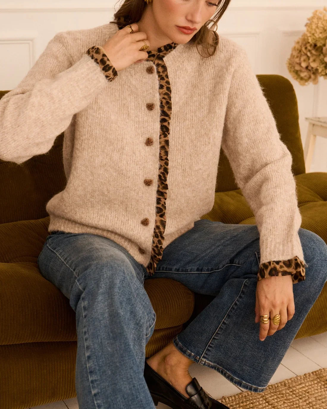 Animal print trimmed cardigan