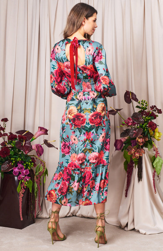 The Fawn Blouson Sleeve High Neck Maxi Dress with Bow Back
