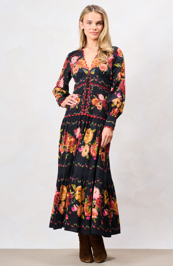 The Luann Printed Blouson Sleeve V-Neck Tiered Midi Dress