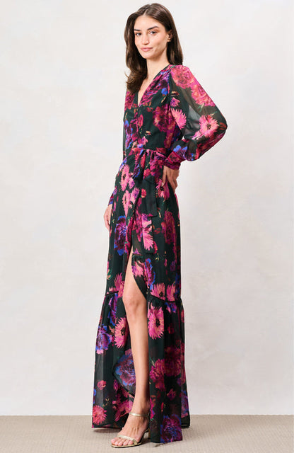 The Carol Blouson Sleeve Printed Wrap Maxi Dress