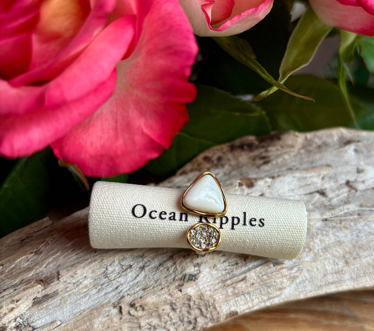 18ct Gold Plated Cubic Zirconia White Shell  Open Top Leaf Ring - Available in Silver: Silver