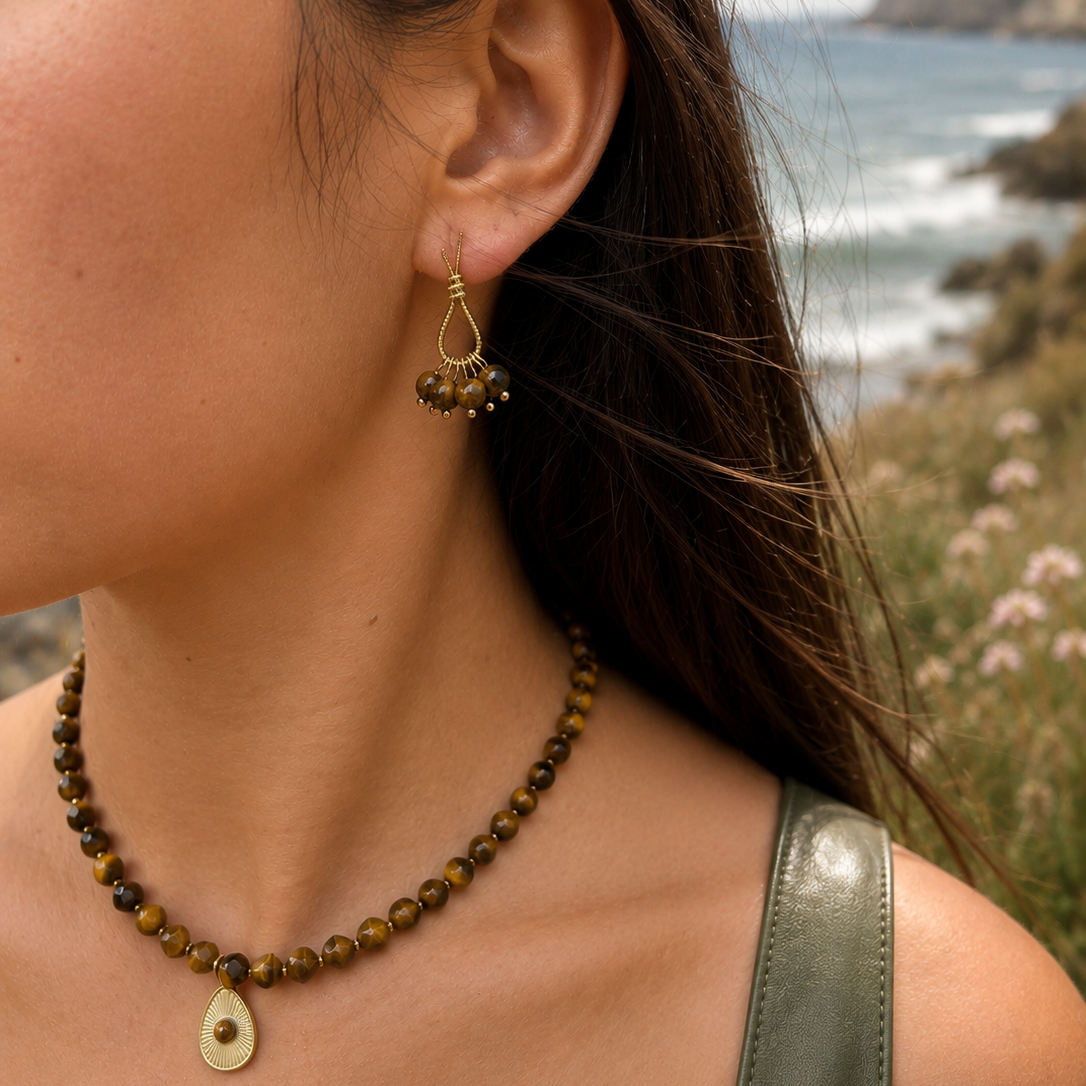 14ct Gold Plated Tiger's Eye Cluster Earrings