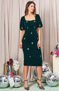 The Maybelle Puff Sleeve Velvet Midi Pencil Dress with Embellishment
