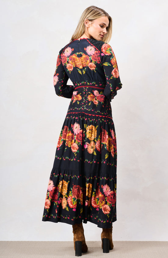 The Luann Printed Blouson Sleeve V-Neck Tiered Midi Dress
