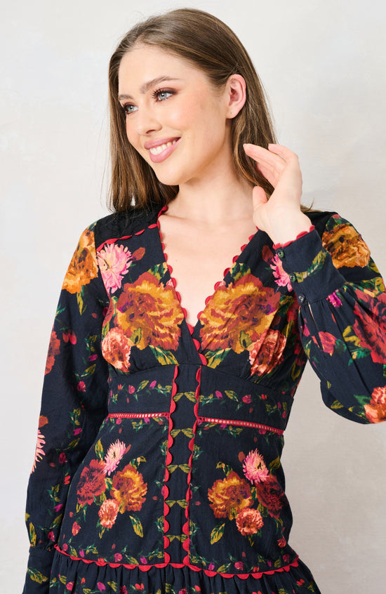 The Luann Printed Blouson Sleeve V-Neck Tiered Midi Dress