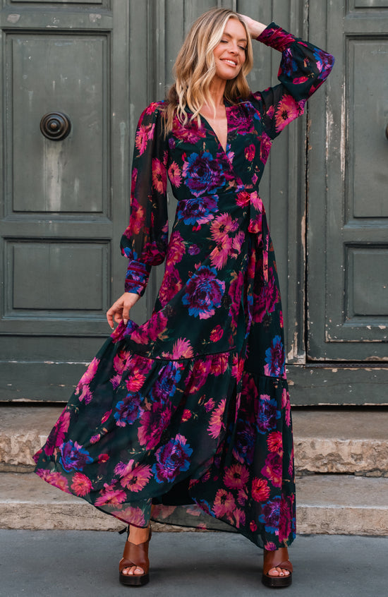 The Carol Blouson Sleeve Printed Wrap Maxi Dress