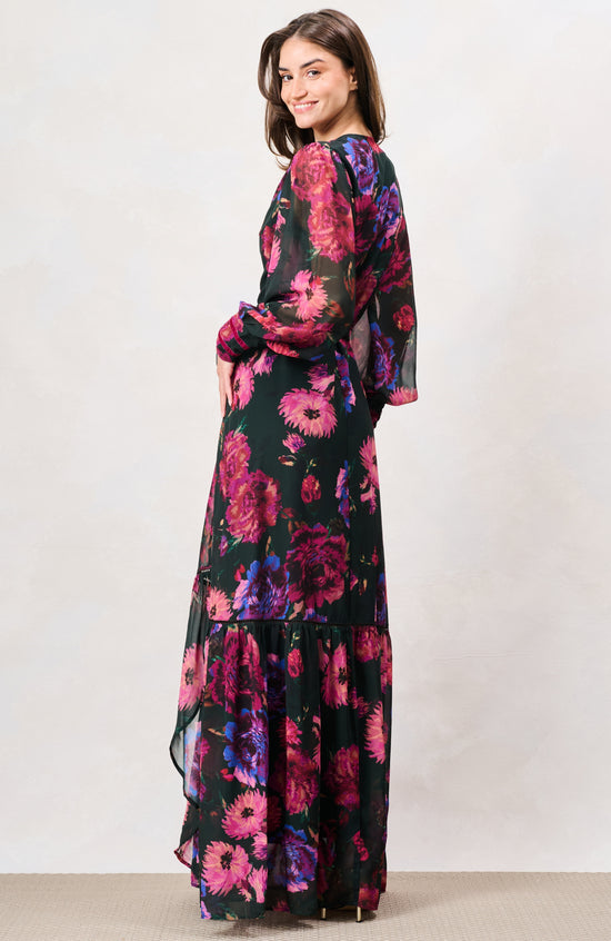 The Carol Blouson Sleeve Printed Wrap Maxi Dress