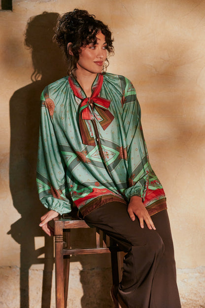 Fleur De Lys Aqua Pussybow Blouse