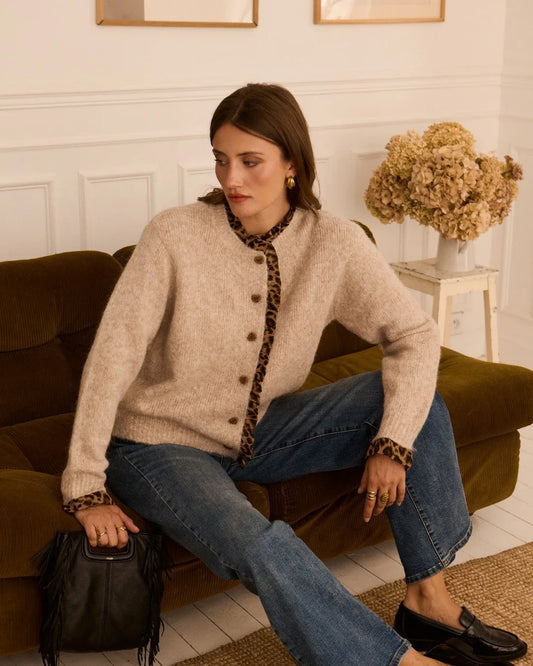 Animal print trimmed cardigan