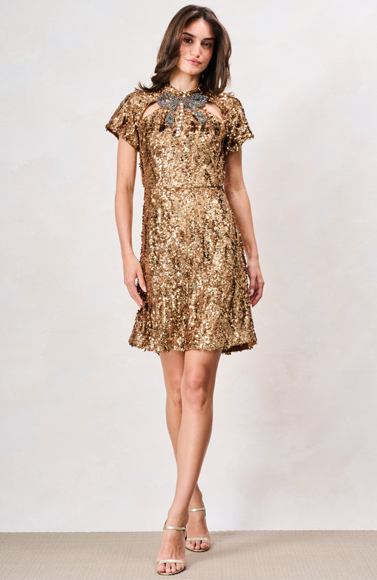 The Lux High Neck Bow Detail Sequin Mini Dress
