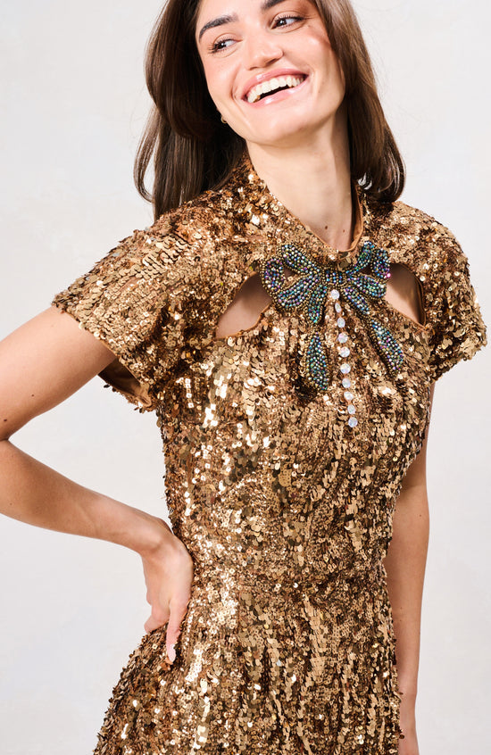 The Lux High Neck Bow Detail Sequin Mini Dress